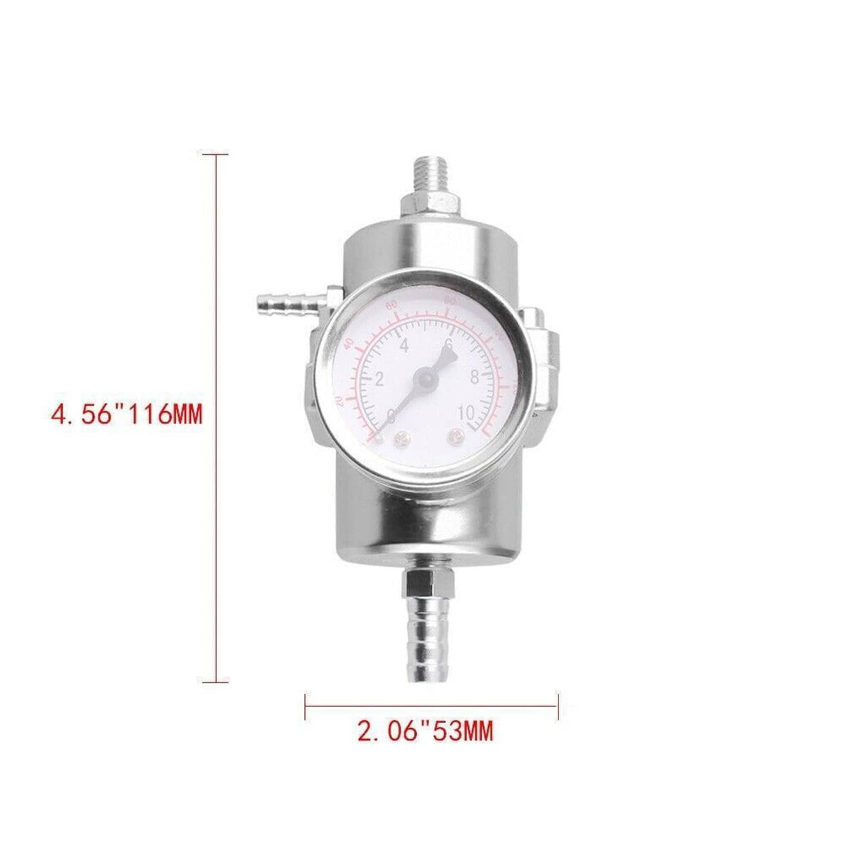Silver adjustable fuel pressure regulator with round 0–140 psi gauge and metal fittings