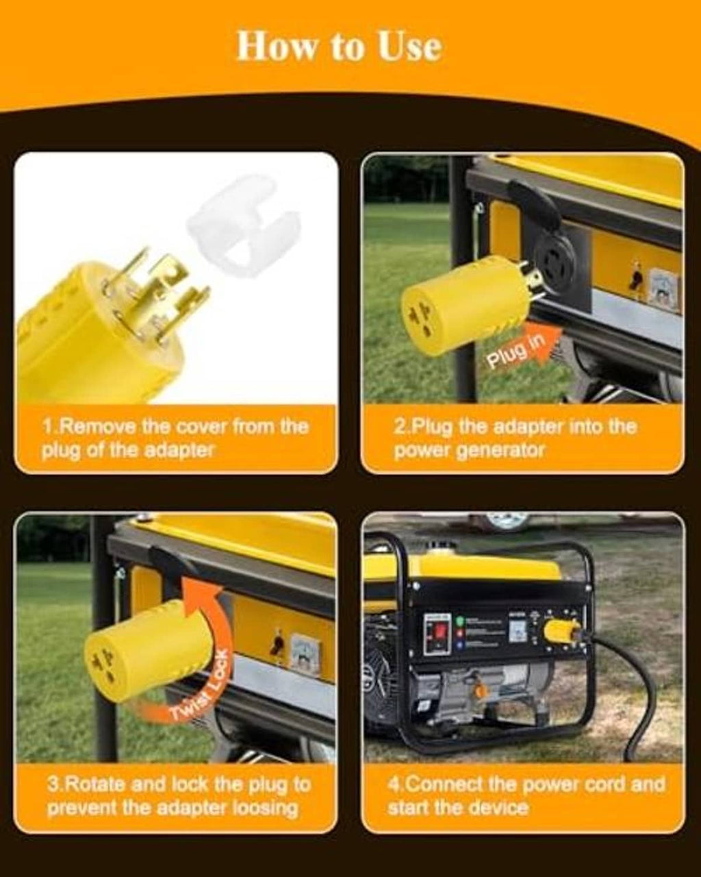Yellow twist-lock generator adapter plugged into power outlet with 4-prong connector