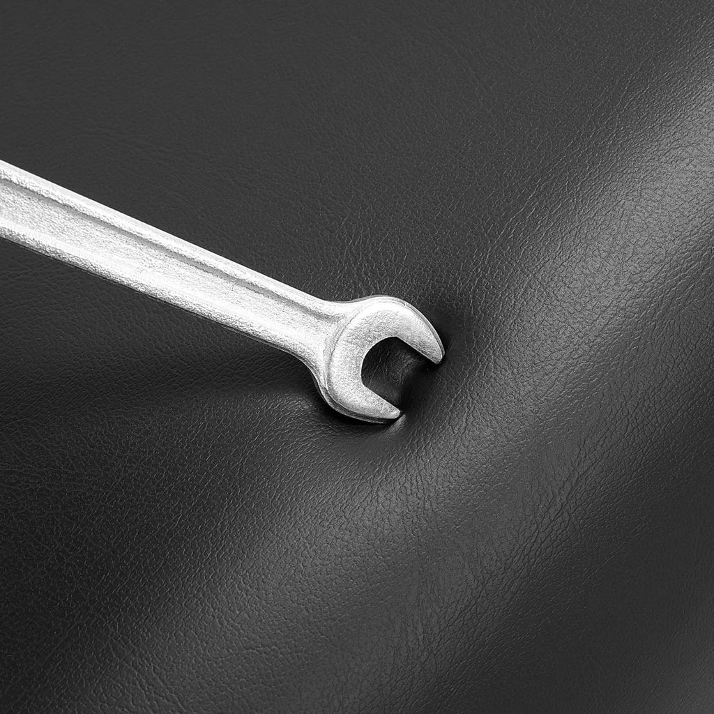 Chrome spring latch hardware on black vinyl
