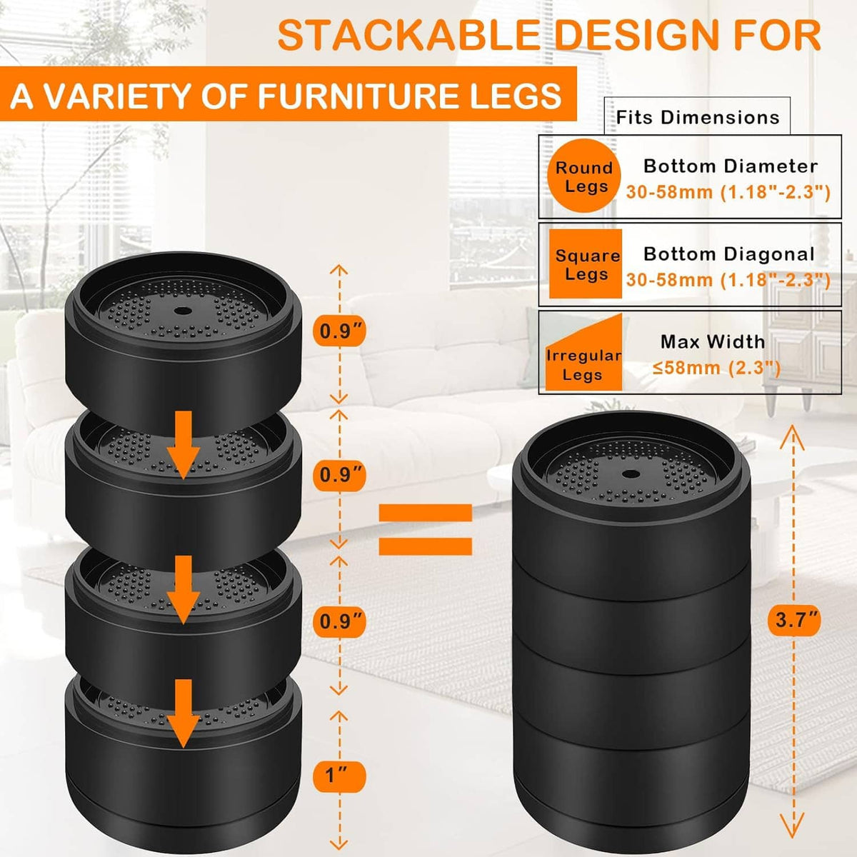 Stackable furniture risers round-leg fit diagram with layered height measurements