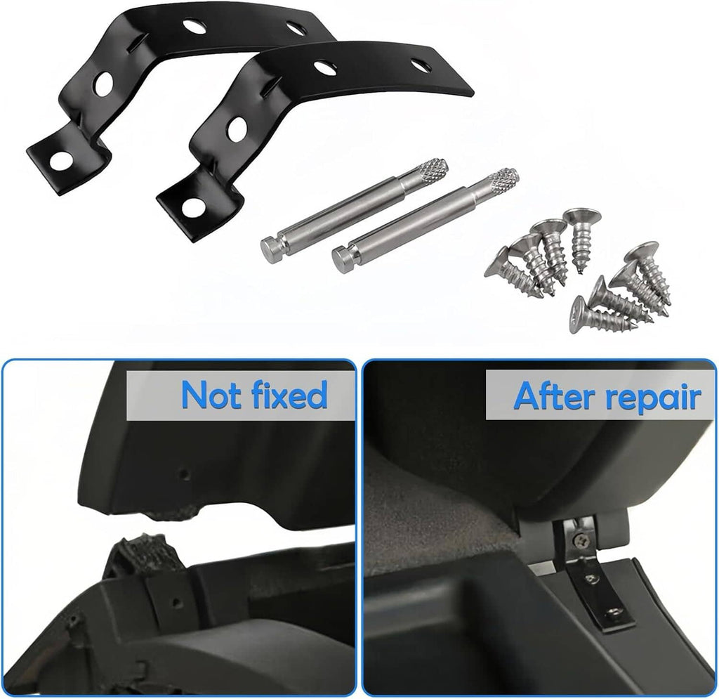 Black hinge brackets and repair hardware kit with silver bolts and screws
