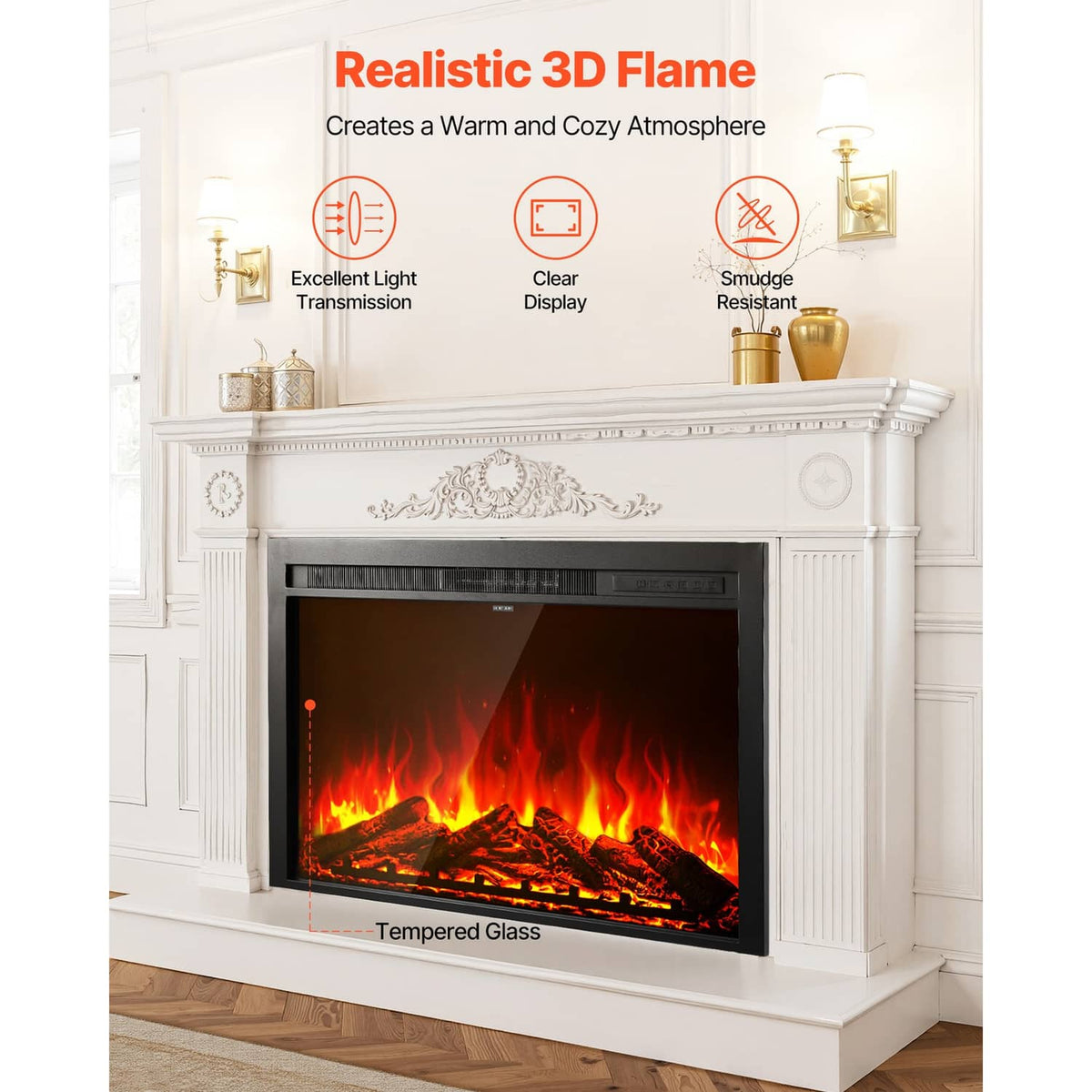 Black electric fireplace insert with realistic orange flames behind glass