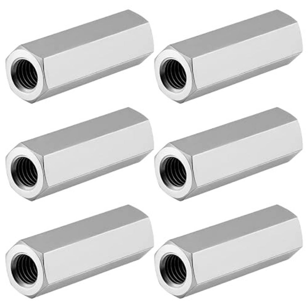 Hex coupling nuts set, silver metal with internal threading, M8 size