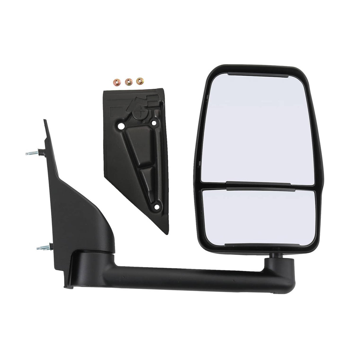 Manual left and right side mirrors, black housings with clear reflective glass