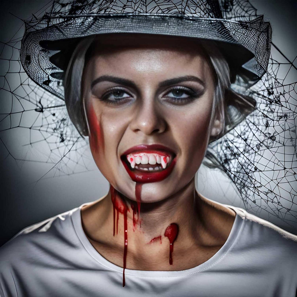 Halloween vampire fake teeth on model, white fangs with red gums and drips effect