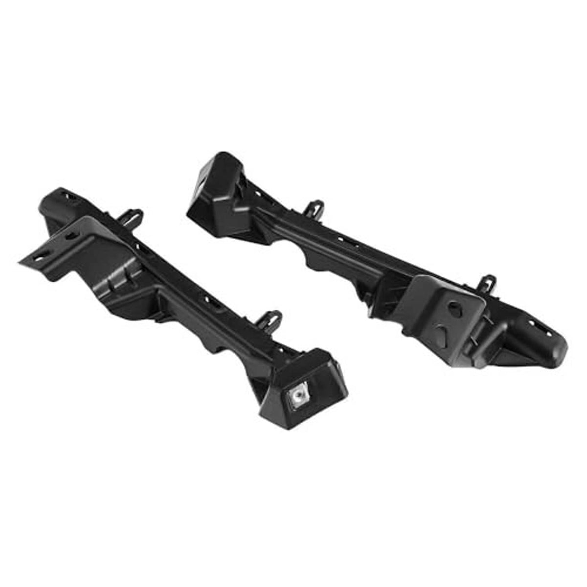 Black plastic bumper support brackets with side hooks and bolt-hole plates