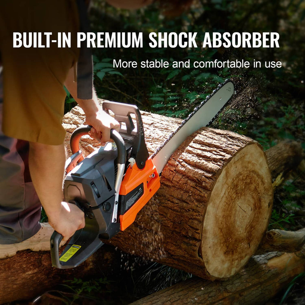 18-inch gas chainsaw with orange and black body cutting a wooden log