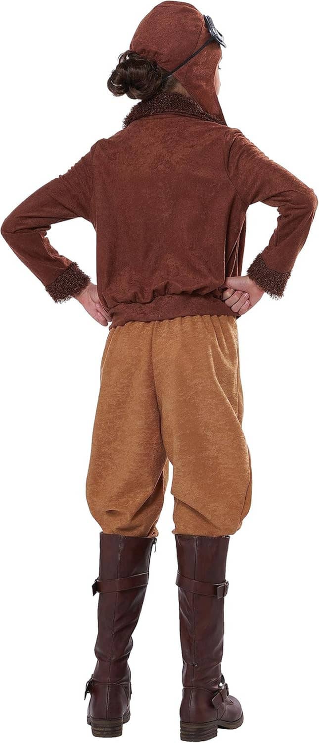 Back view of kids aviator costume: brown zip jacket, tan pants, and tall dark boots