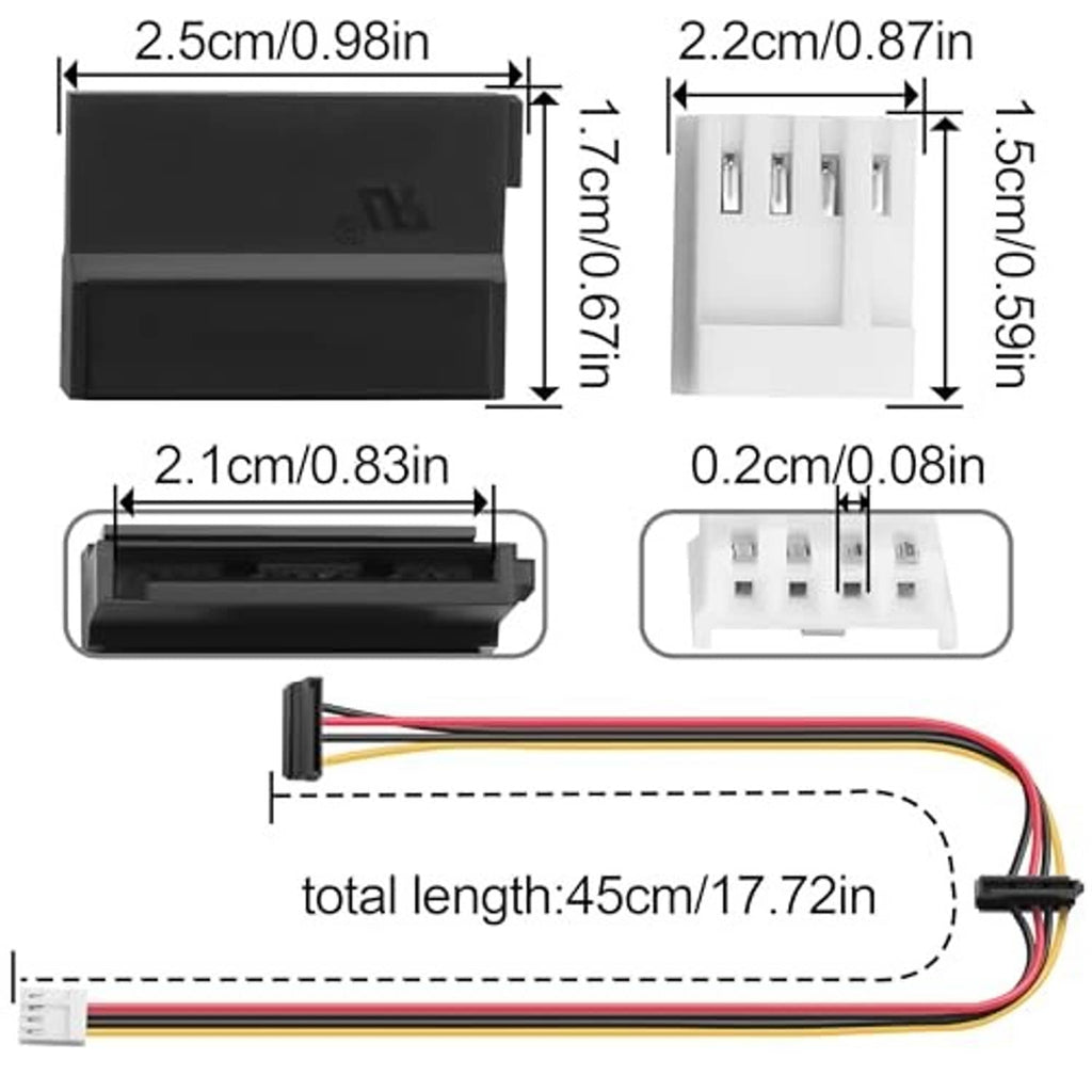 Adapter cable with dual SATA 15-pin and 4-pin connectors; diagram shows 45cm length