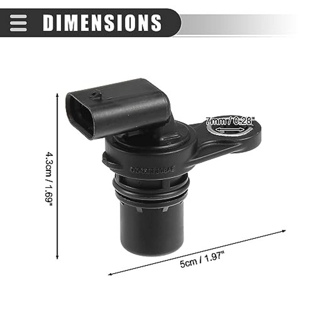 Black camshaft position sensor with plastic housing shown with size measurements
