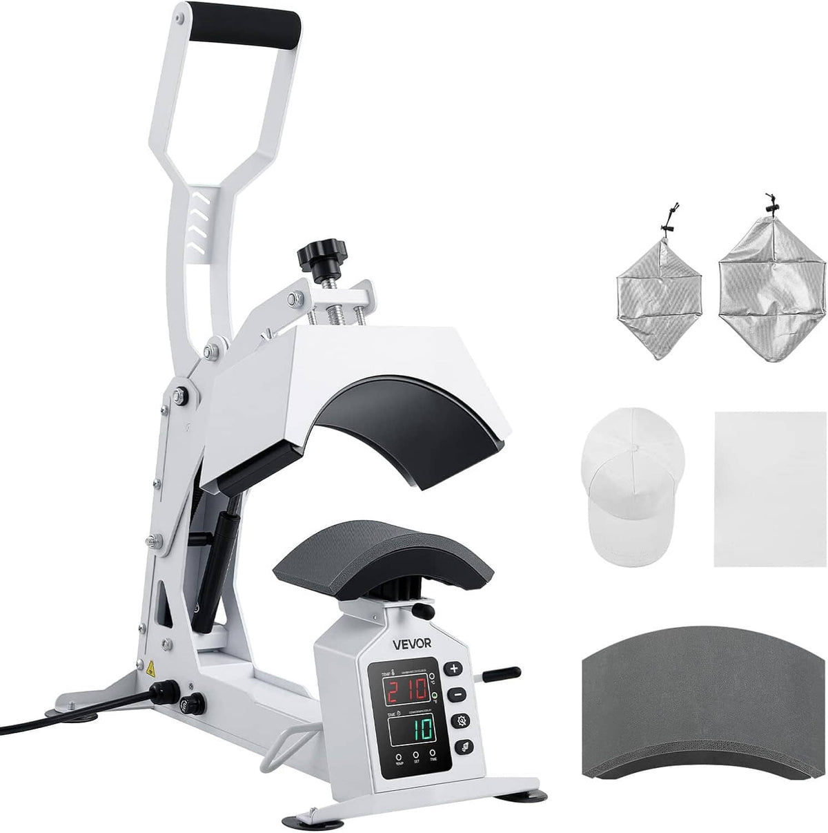 Hat heat press machine with curved cap pads, mesh covers and cap stretcher