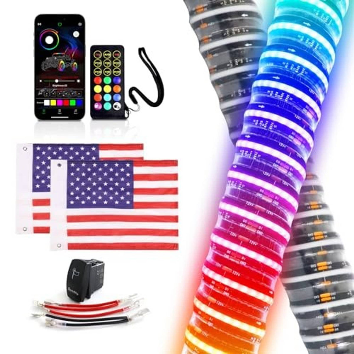 Two COB LED whip lights kit with app remote, wires, and connectors