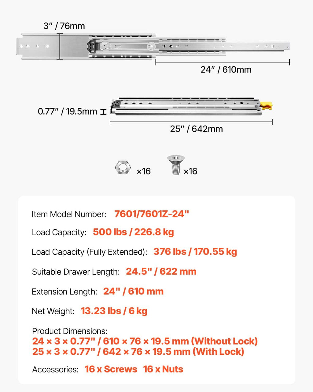 24 in full-extension drawer slides with 500 lb max load and 376 lb full-extended load