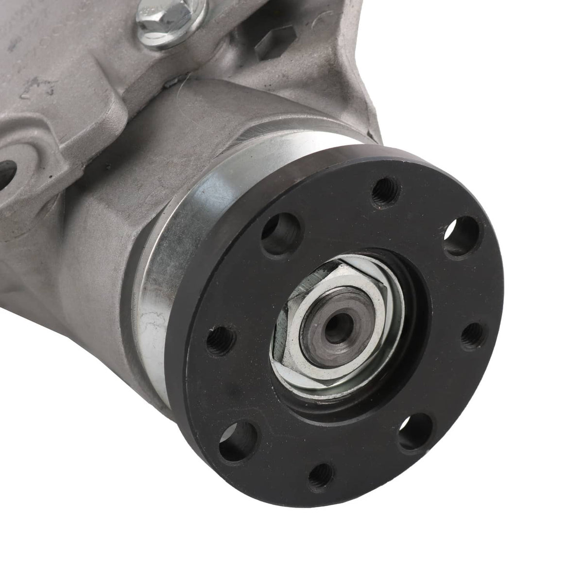 Close-up of front axle differential carrier flange with central bearing and bolt holes