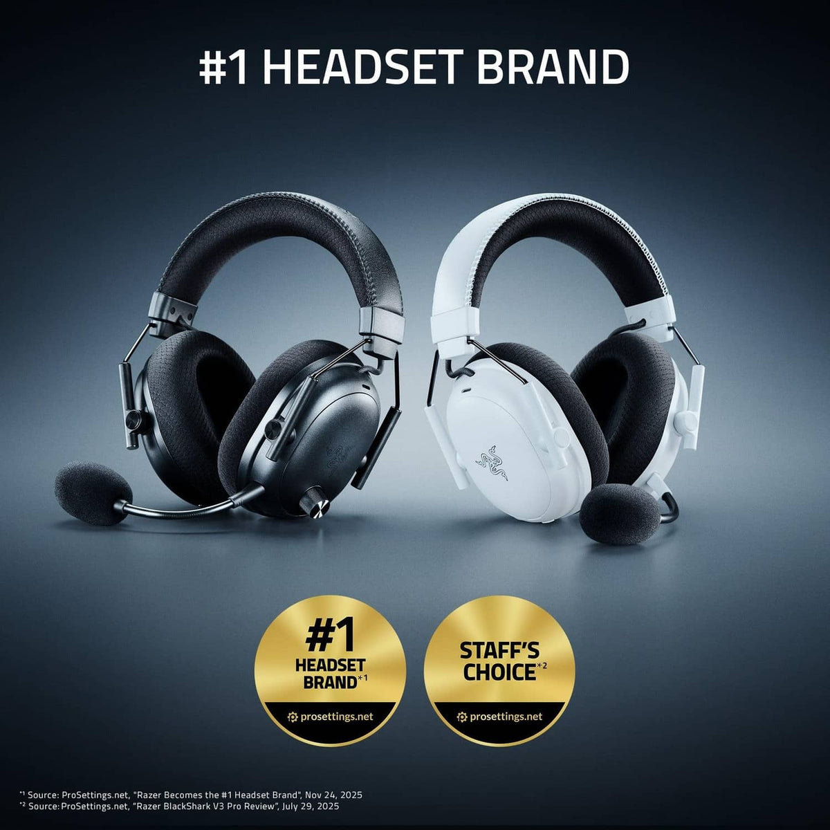Black and white wireless gaming headsets with boom microphones and padded earcups.