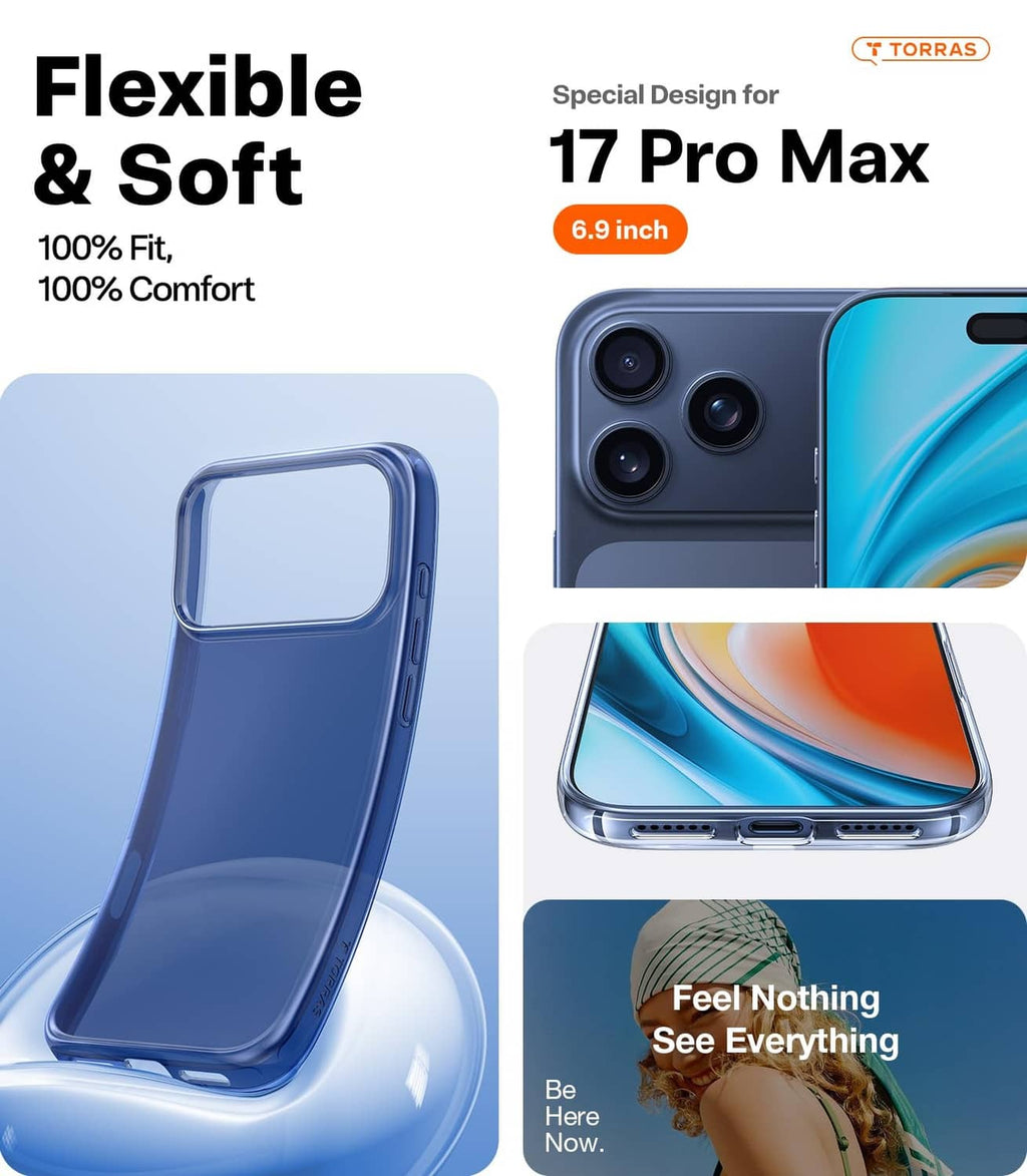 Flexible blue clear iPhone 17 Pro Max case showing 6.9-inch fit and full coverage