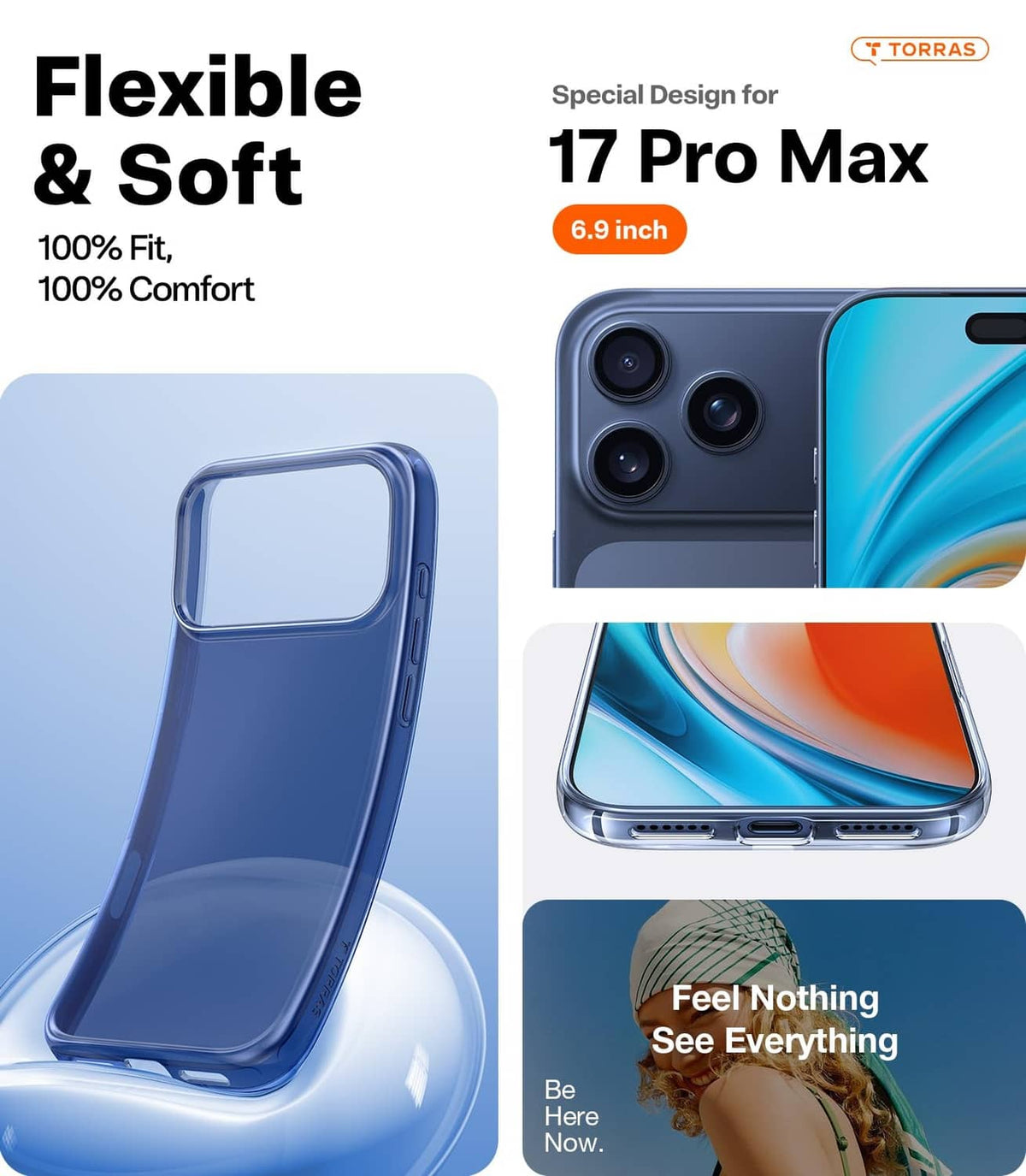 Flexible blue clear iPhone 17 Pro Max case showing 6.9-inch fit and full coverage