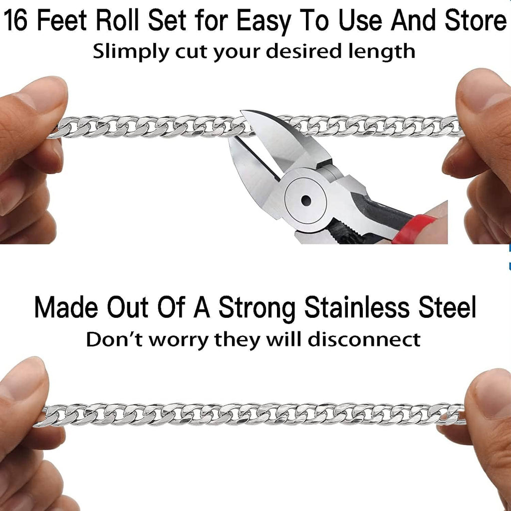 Silver Cuban link chain roll being cut to length, held by hands
