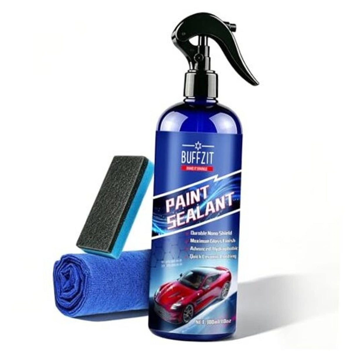 Paint sealant spray bottle with trigger nozzle, blue label, with sponge and microfiber cloth