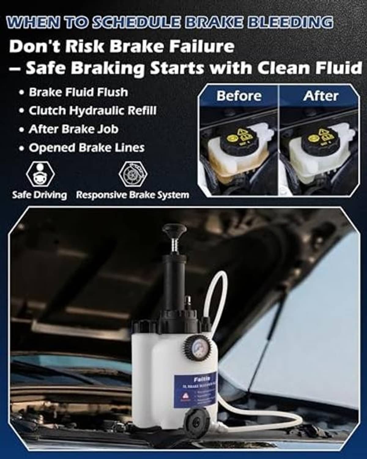 Brake fluid bleeder pressure bottle connected to brake line under the hood
