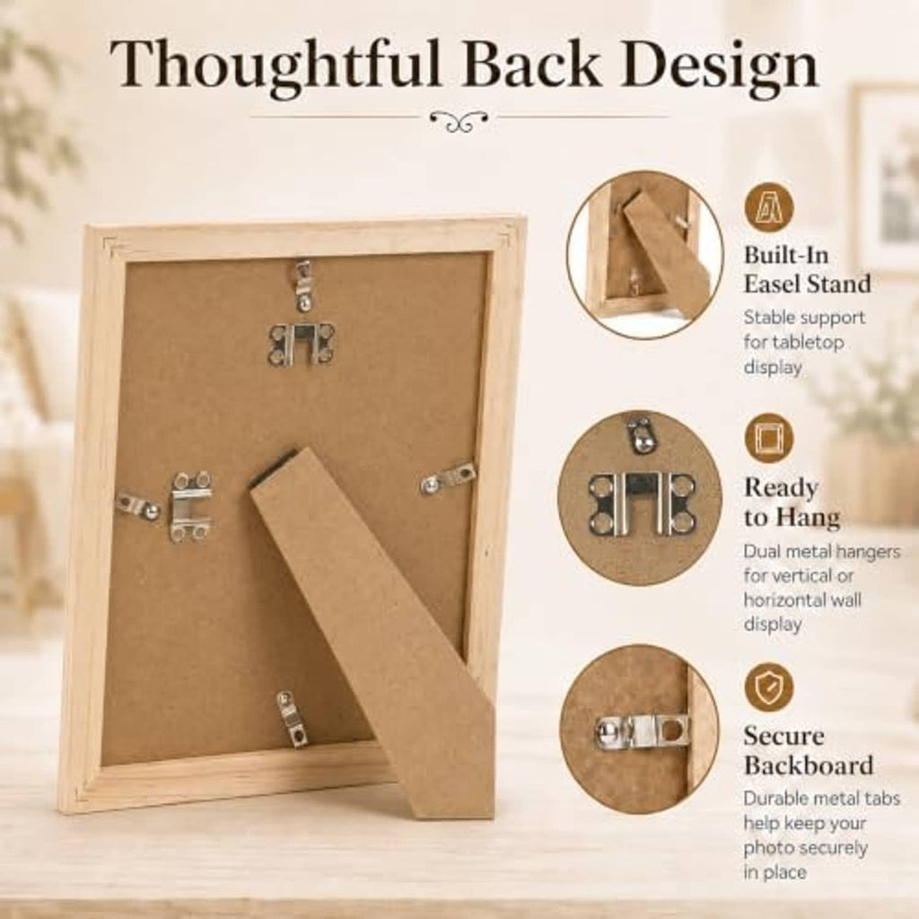 Brown wooden picture frame back with metal clips and hook mounts for hanging or display