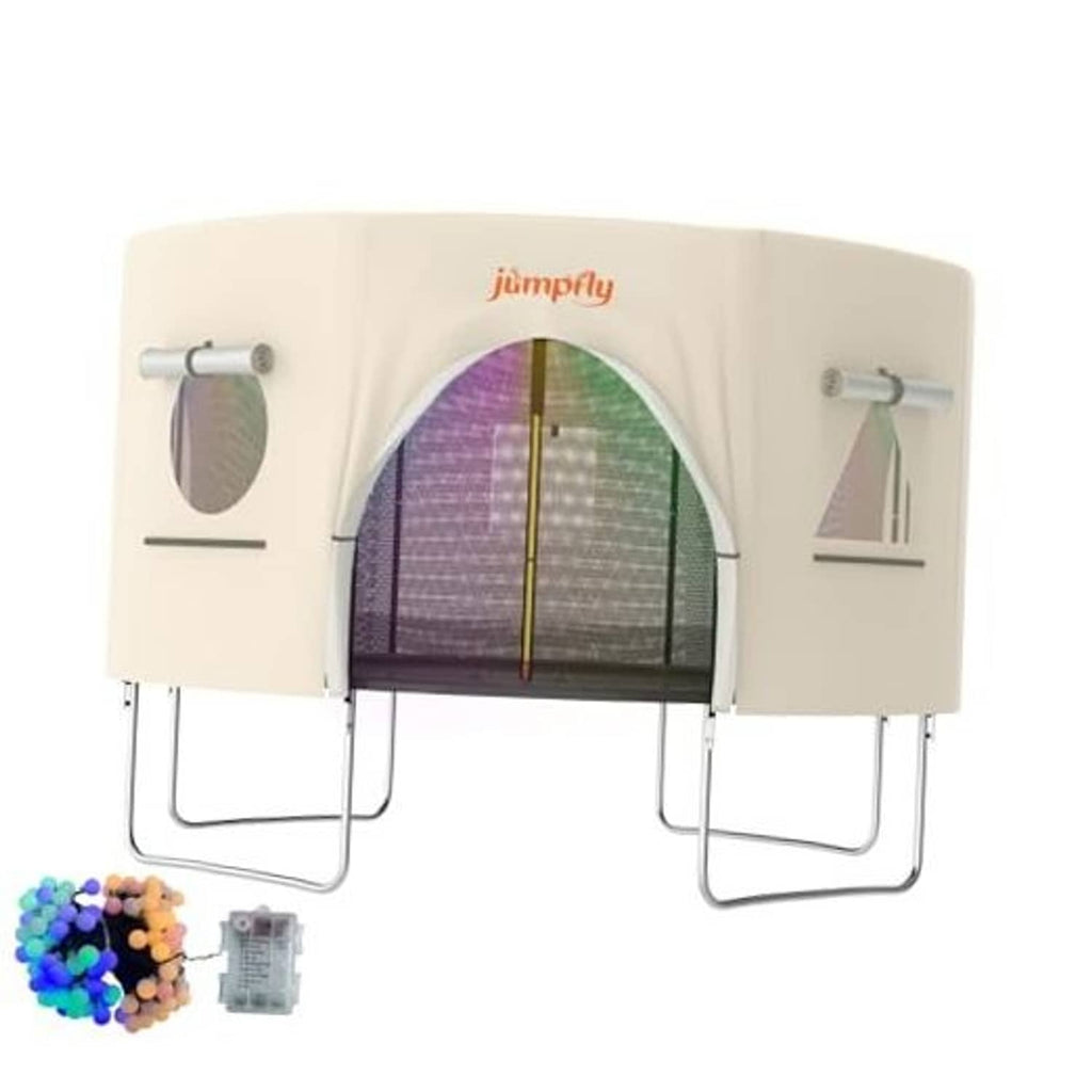 Beige trampoline tent with arched mesh window and attached front flap panels