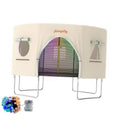 Beige trampoline tent with arched mesh window and attached front flap panels