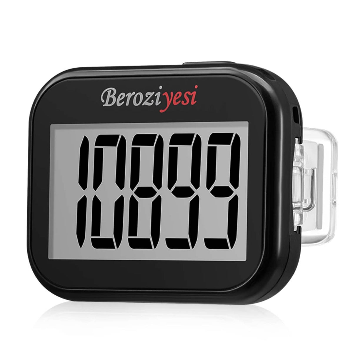 Black 3-axis pedometer step counter with large digital screen and side clip