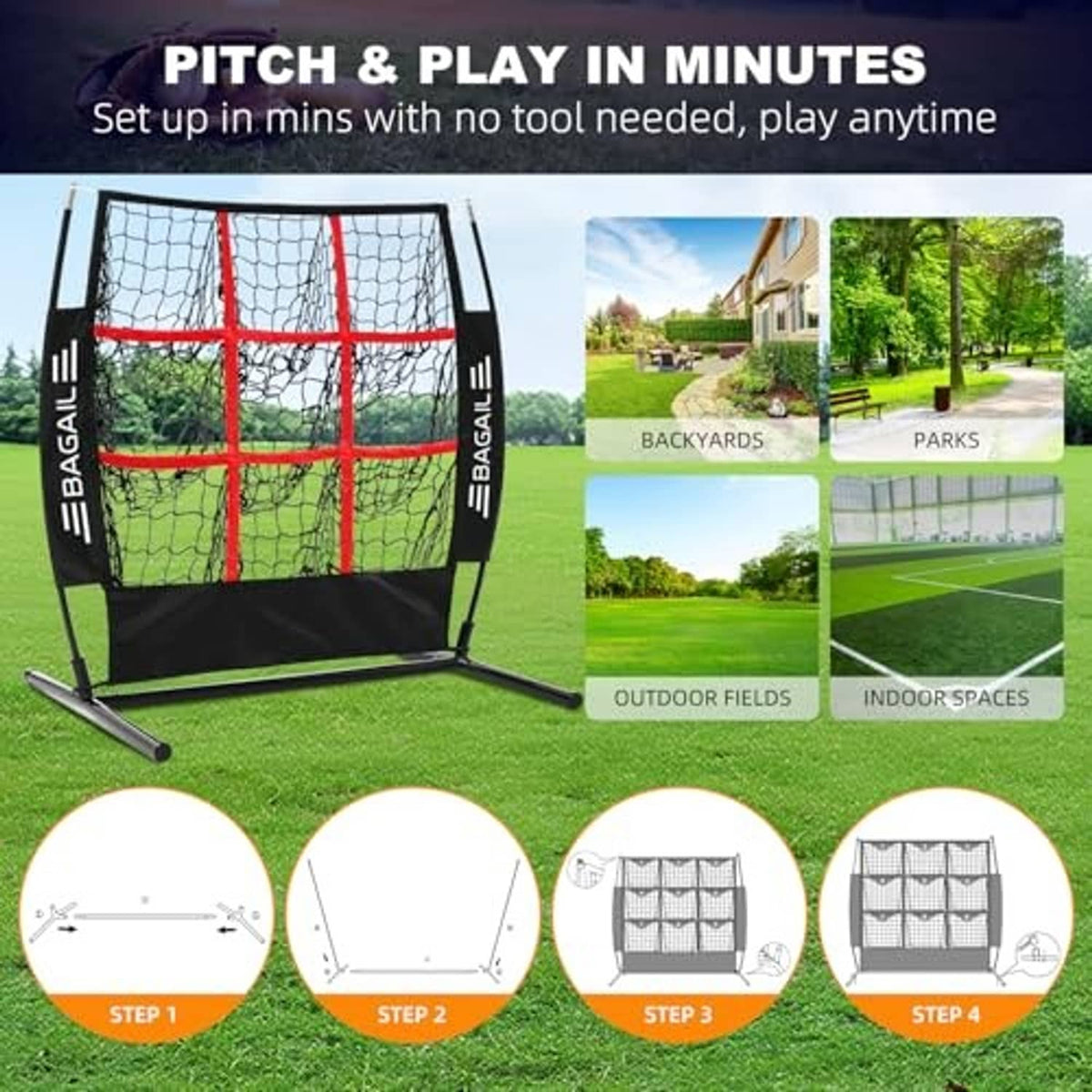 Set-up pitching net target with black frame, white mesh, and red 9-zone grid