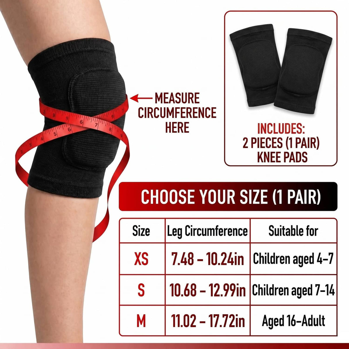 Black compression knee pad sleeve on a leg, snug knit coverage over the knee area.