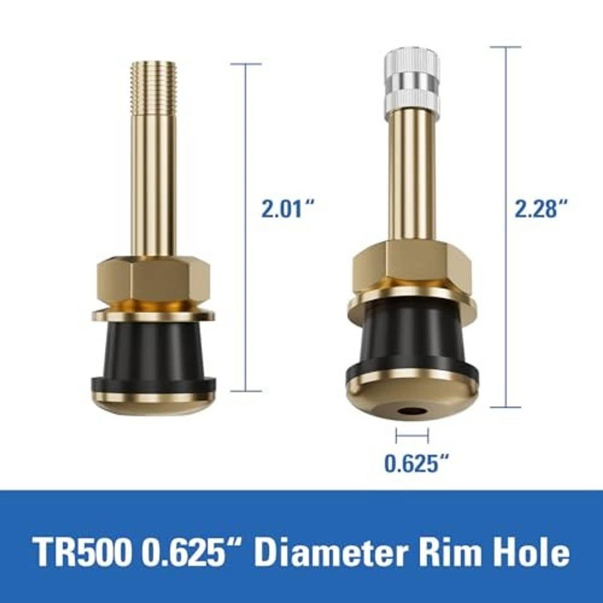Clamp-in tire valve stems, size diagram showing 2.01" and 2.28" lengths