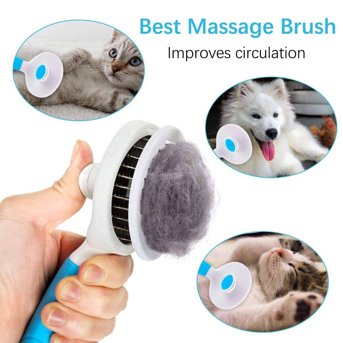 Blue self-cleaning massage slicker brush with white circular head and ergonomic handle