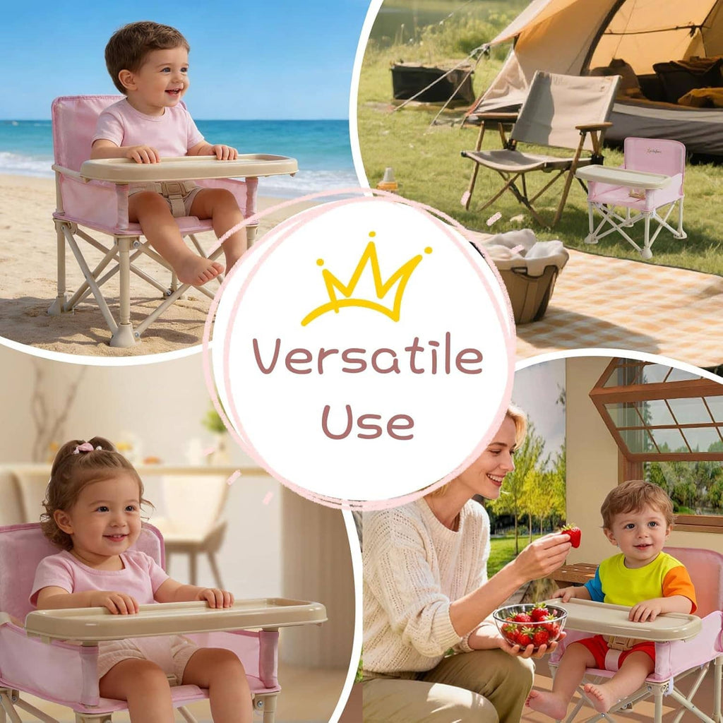 Pink portable baby booster chair with cream tray, toddler seated outdoors