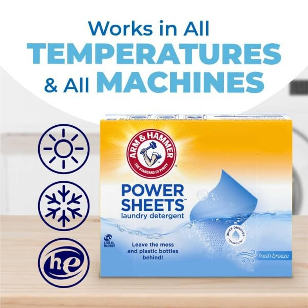 Arm & Hammer detergent sheets box showing works-in-all-machines icons