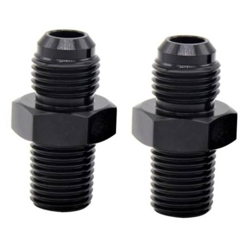 Black anodized AN-to-NPT male hose fitting with hex nut and threaded ends