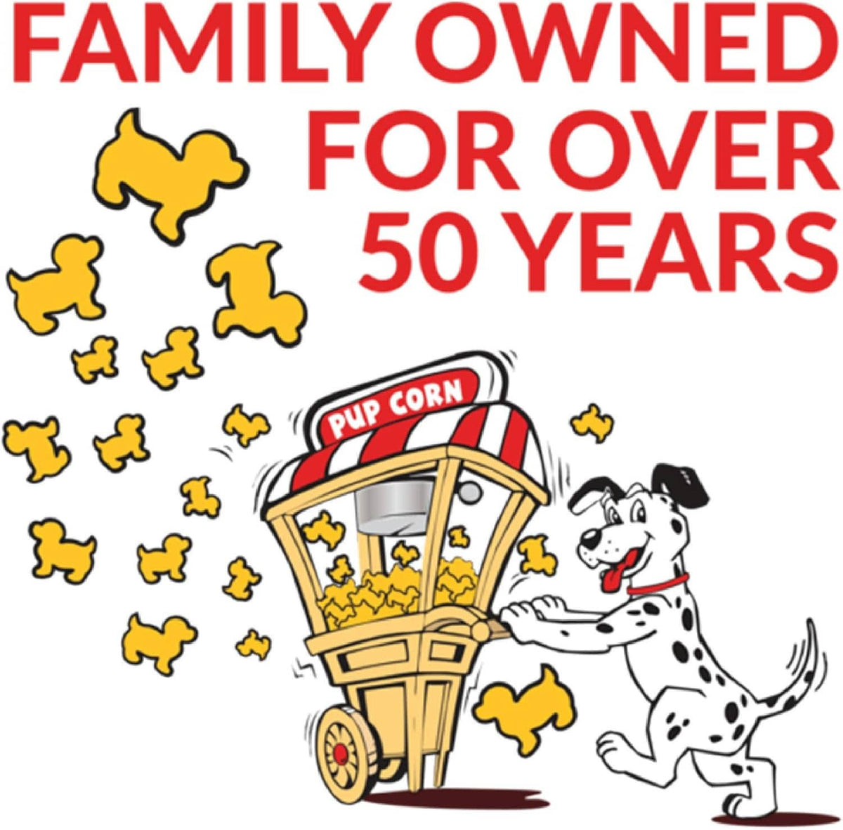 Family owned label for over 50 years with cartoon dog and corn cart