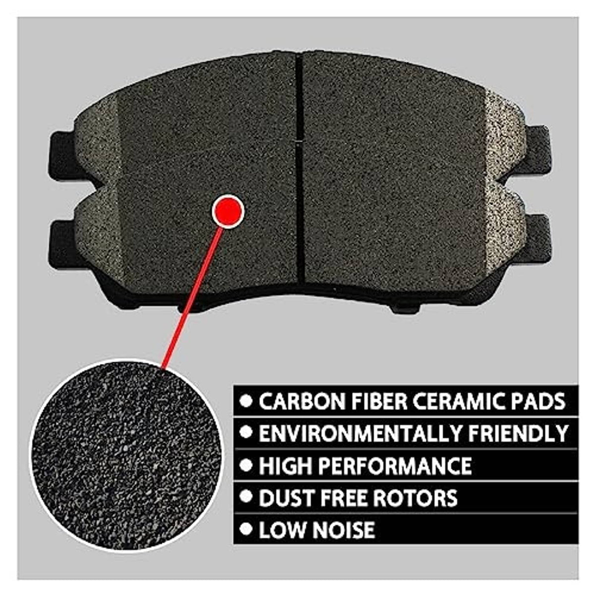 Ceramic brake pad close-up with carbon fiber ceramic face and chamfered edges