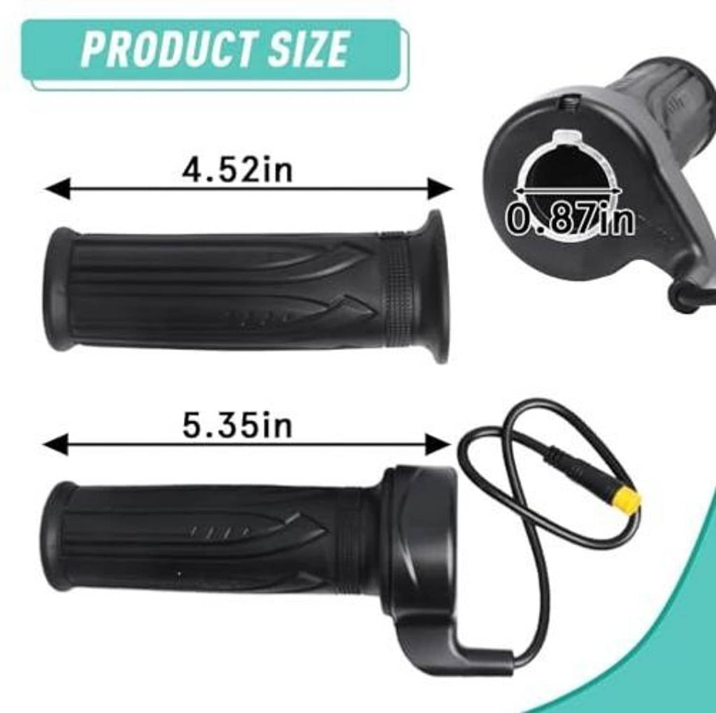 Black twist throttle grips with curved tread and compact connector end