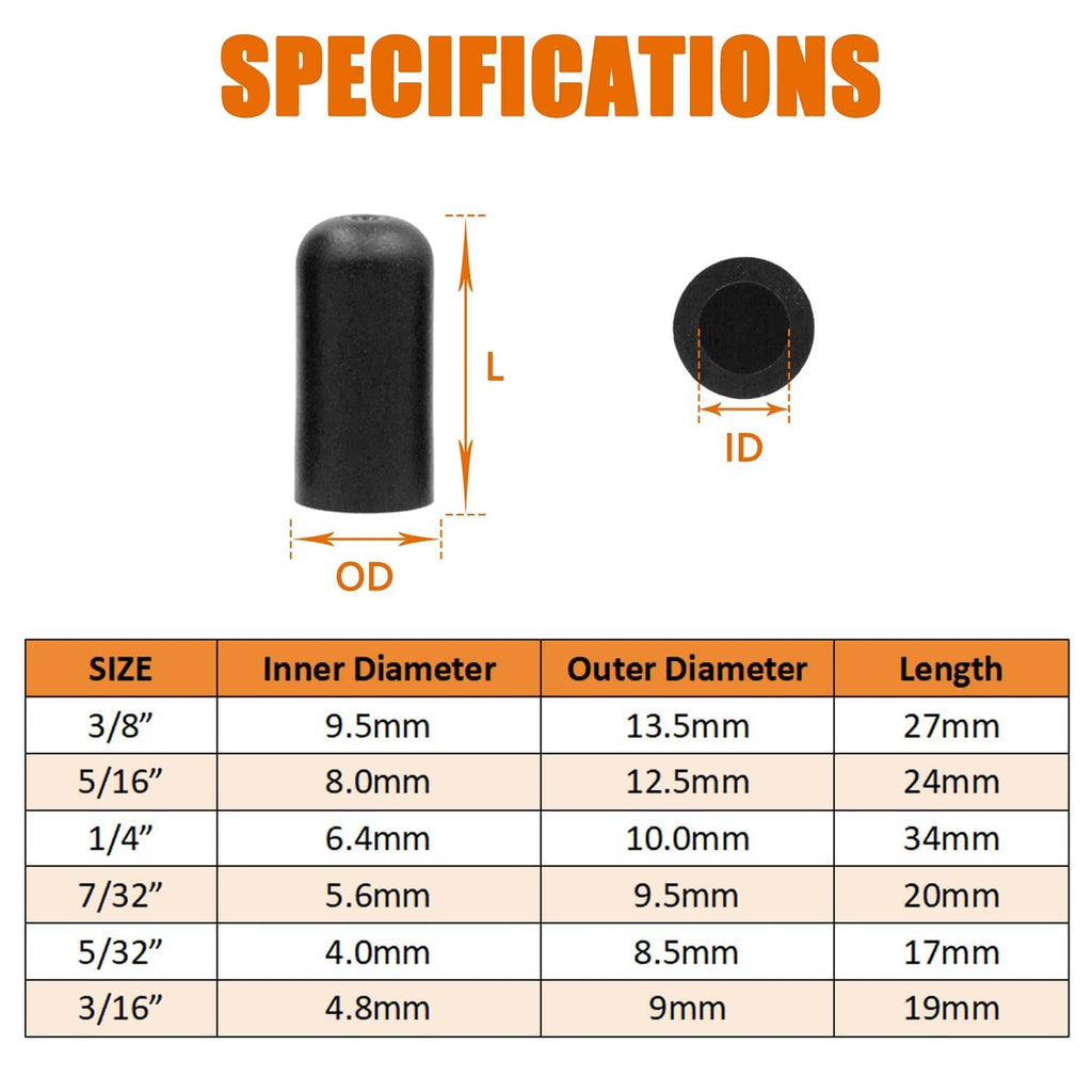 Rubber vacuum cap size diagram showing inner/outer diameter and length