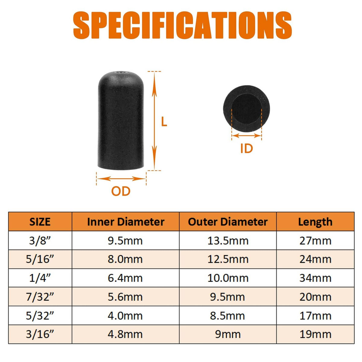 Rubber vacuum cap size diagram showing inner/outer diameter and length