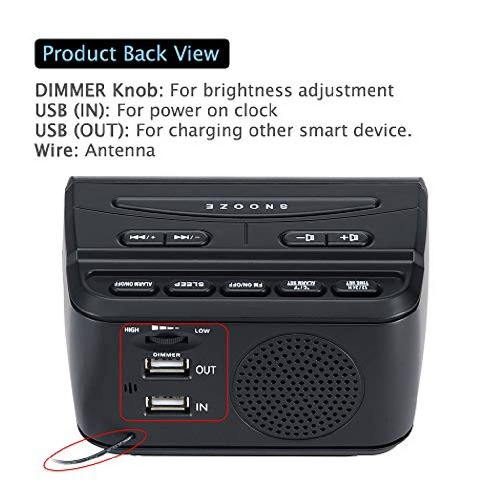 Black alarm clock radio back view with speaker grille and USB in/out ports