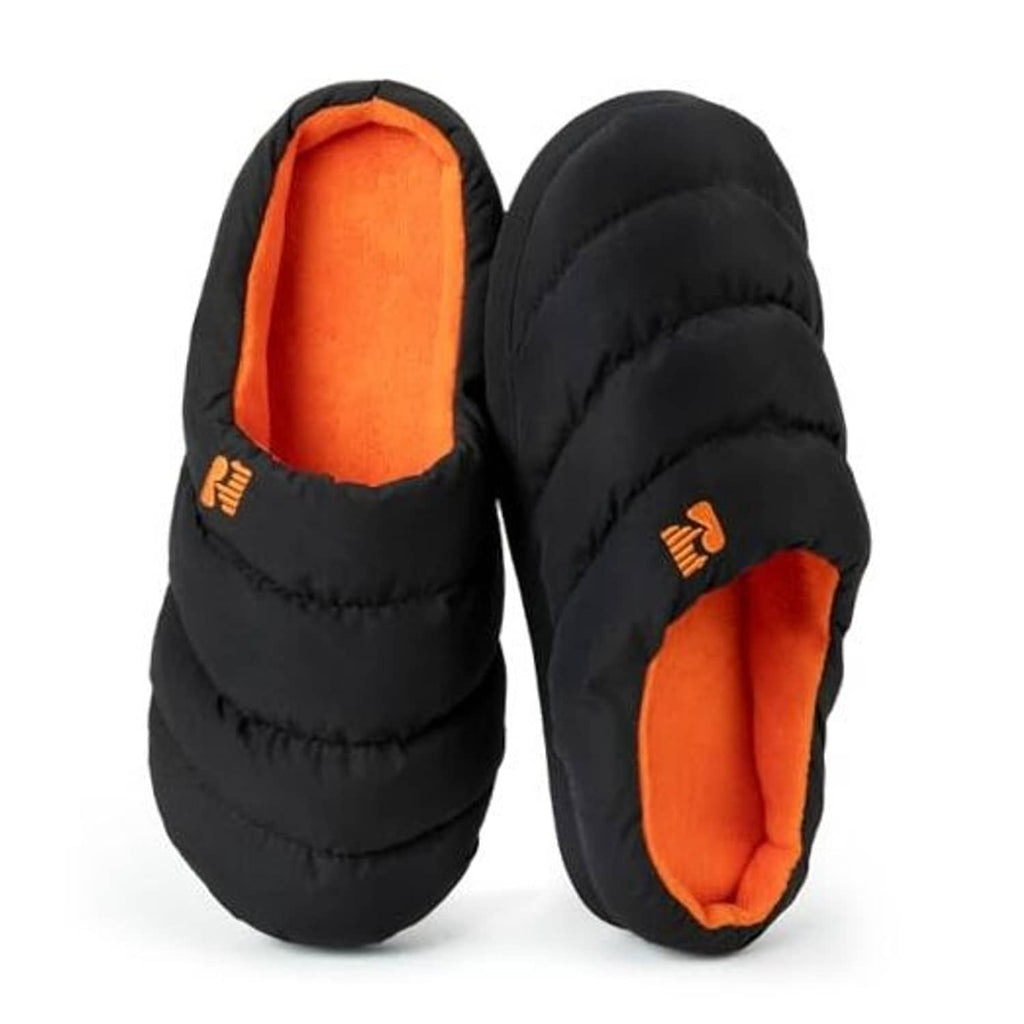 Men's black puffer slippers with orange lining and slip-on comfort design
