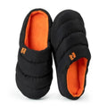 Men's black puffer slippers with orange lining and slip-on comfort design