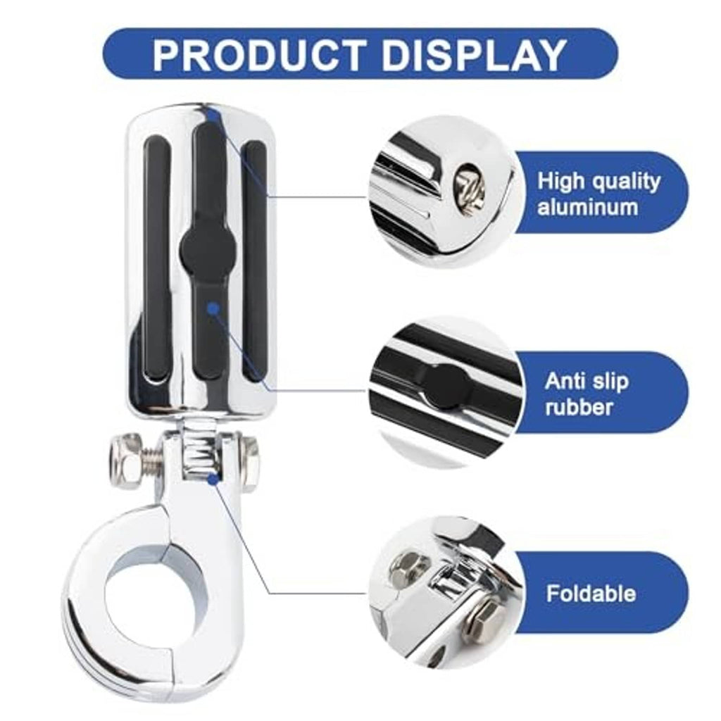 Chrome motorcycle foot peg set with black anti-slip rubber grips and foldable design