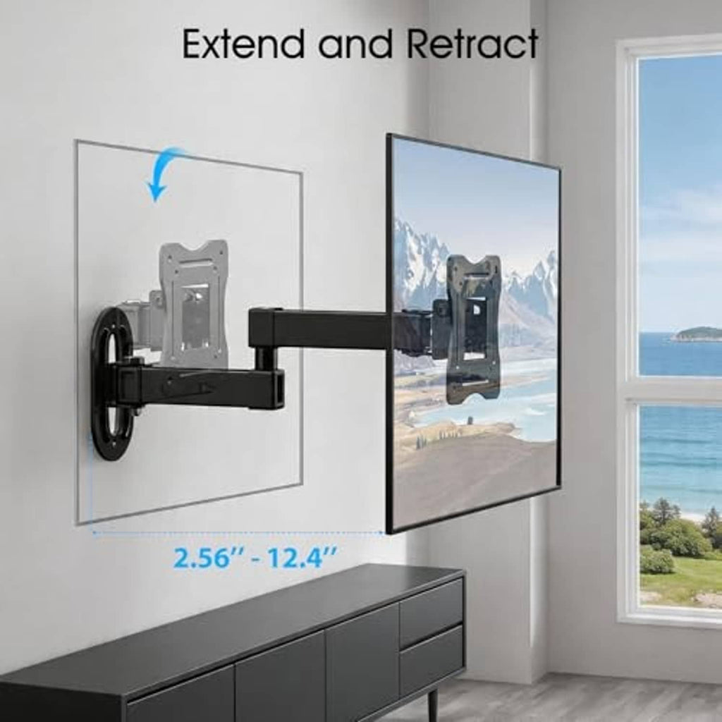 Full motion TV wall mount with extendable and retractable arm assembly, black