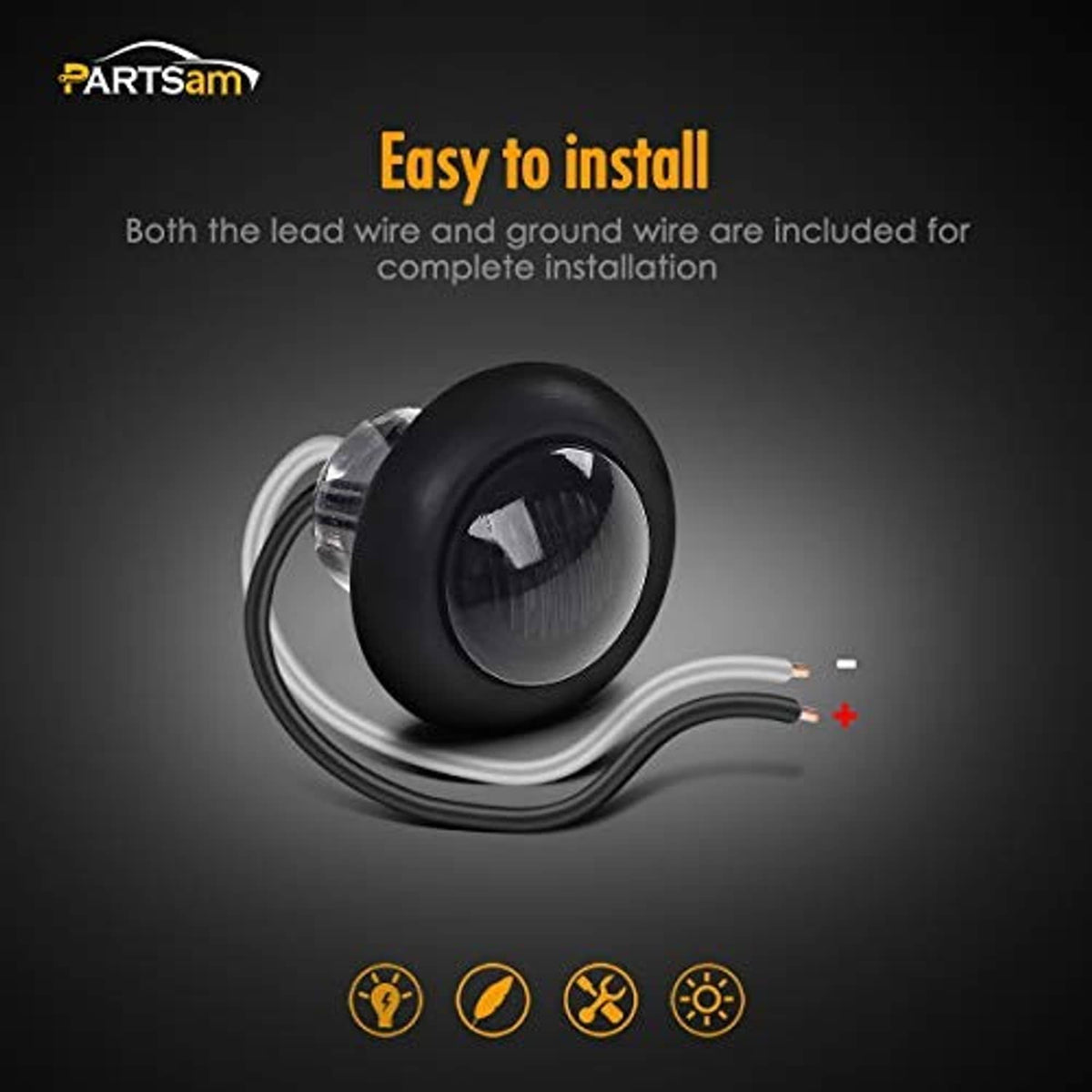Round LED marker light with lead and ground wire harness, black housing