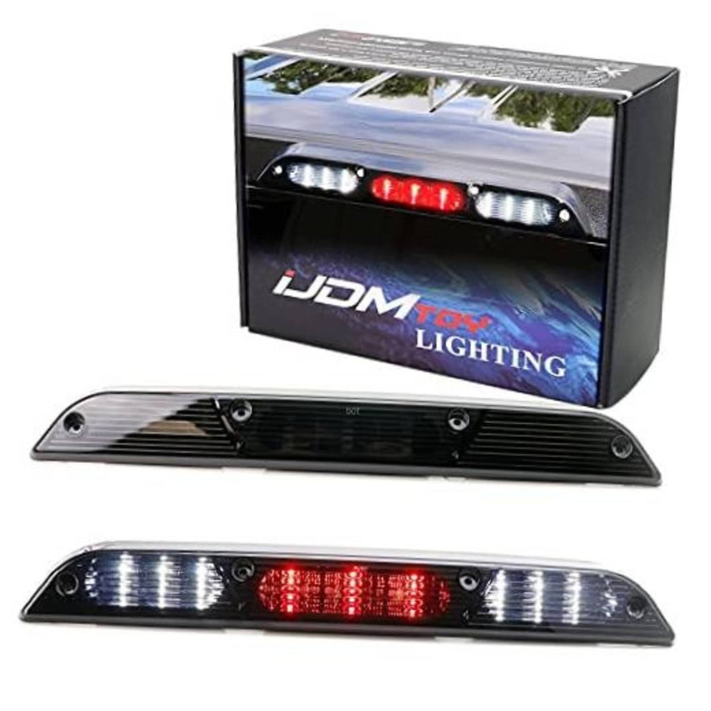 Smoked-lens LED high mount third brake light assembly with red and white LED bars