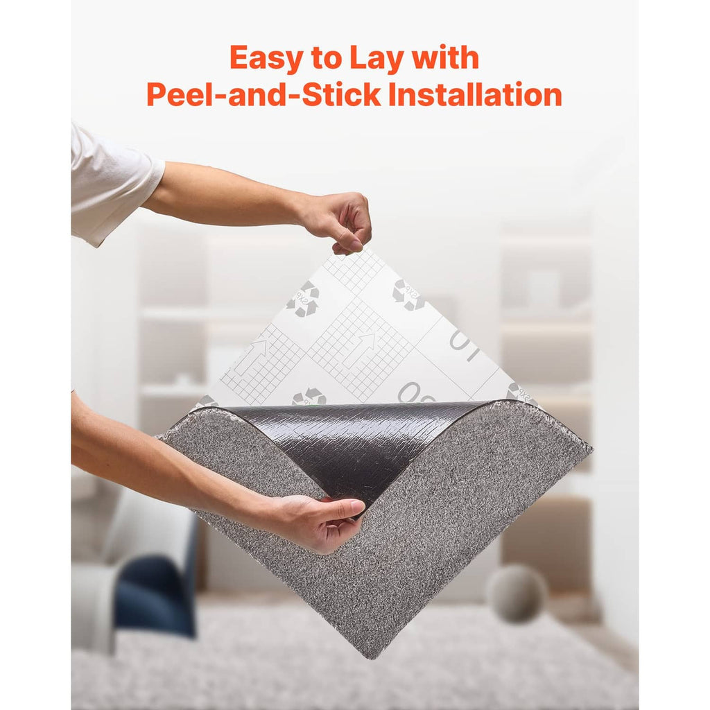 Peel-and-stick carpet tile being placed on a floor by hands