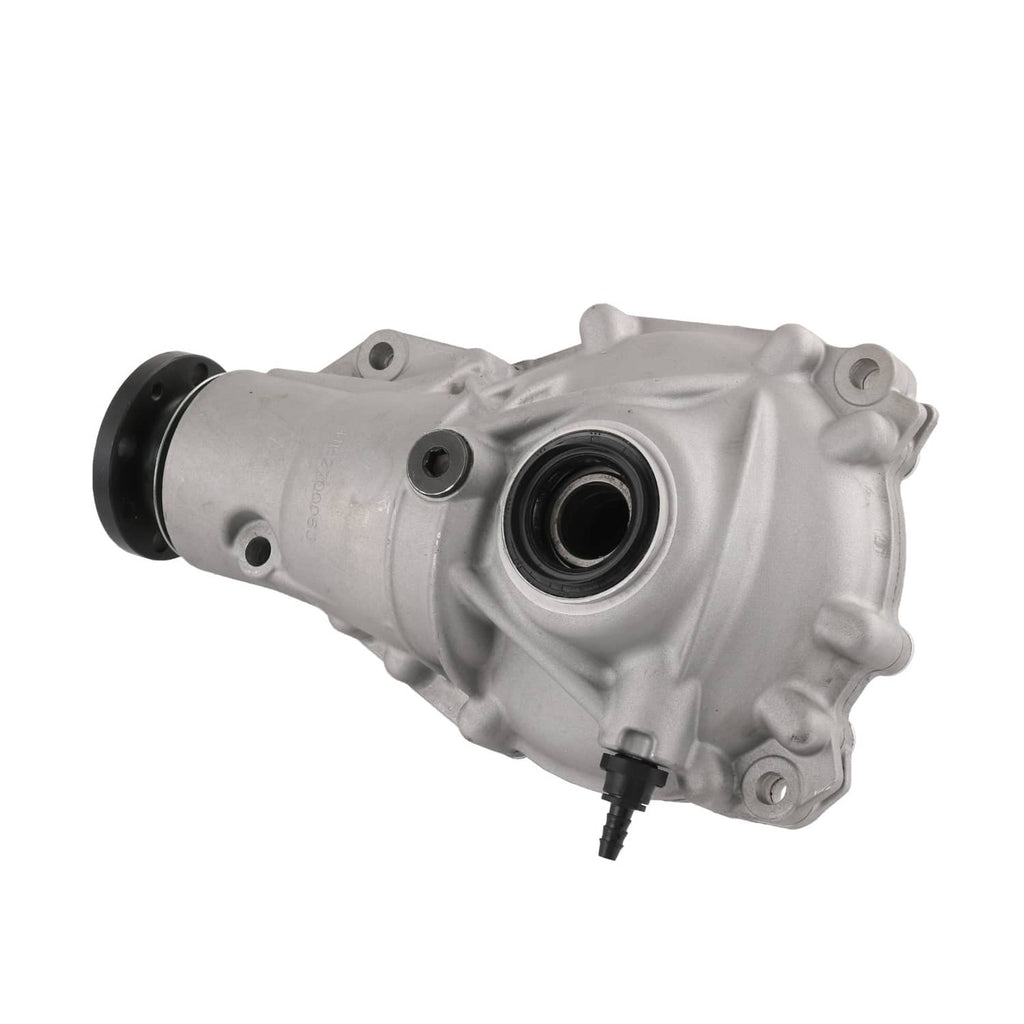 Front axle differential carrier with output flange and round seal opening