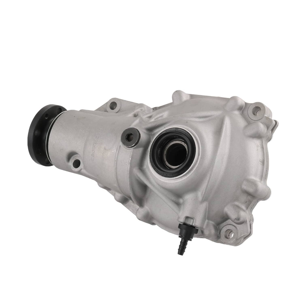 Front axle differential carrier with output flange and round seal opening